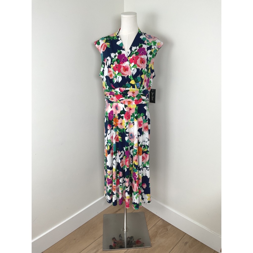 Jessica Howard Navy Floral Ruched Waist Midi Dress Size 16 NWT